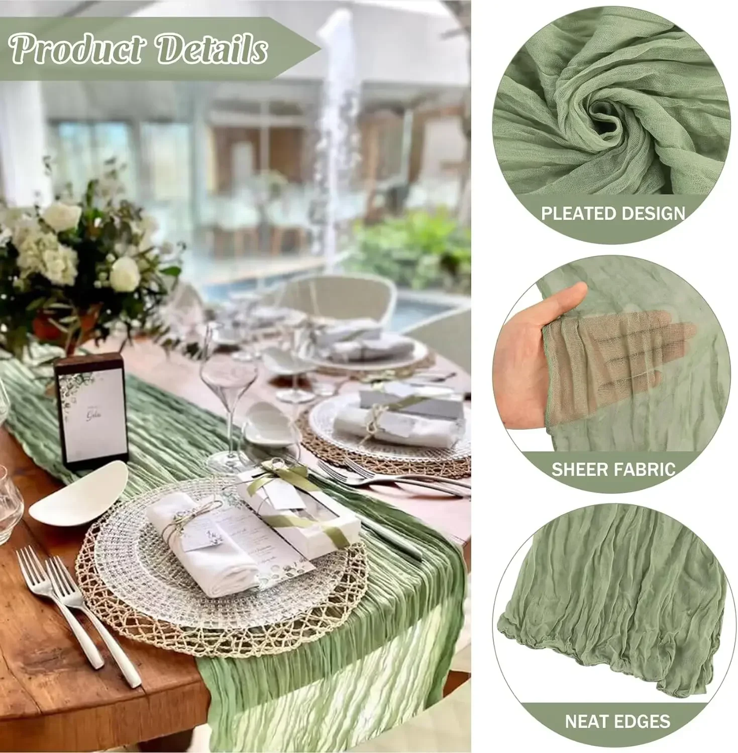 Cotton Table Runner 90*180CM Green Gauze Dinning Decoration Rustic Country Boho Beach Wedding Party