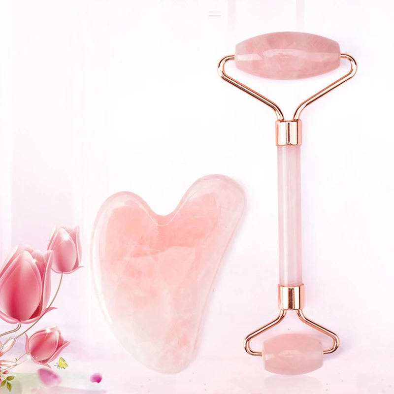 

Rose Quartz Jade Roller Guasha Scraper Natural Stone Crystal Neck Back Face Massage Slimmer Lifting Wrinkle Remover Tool 3 in 1