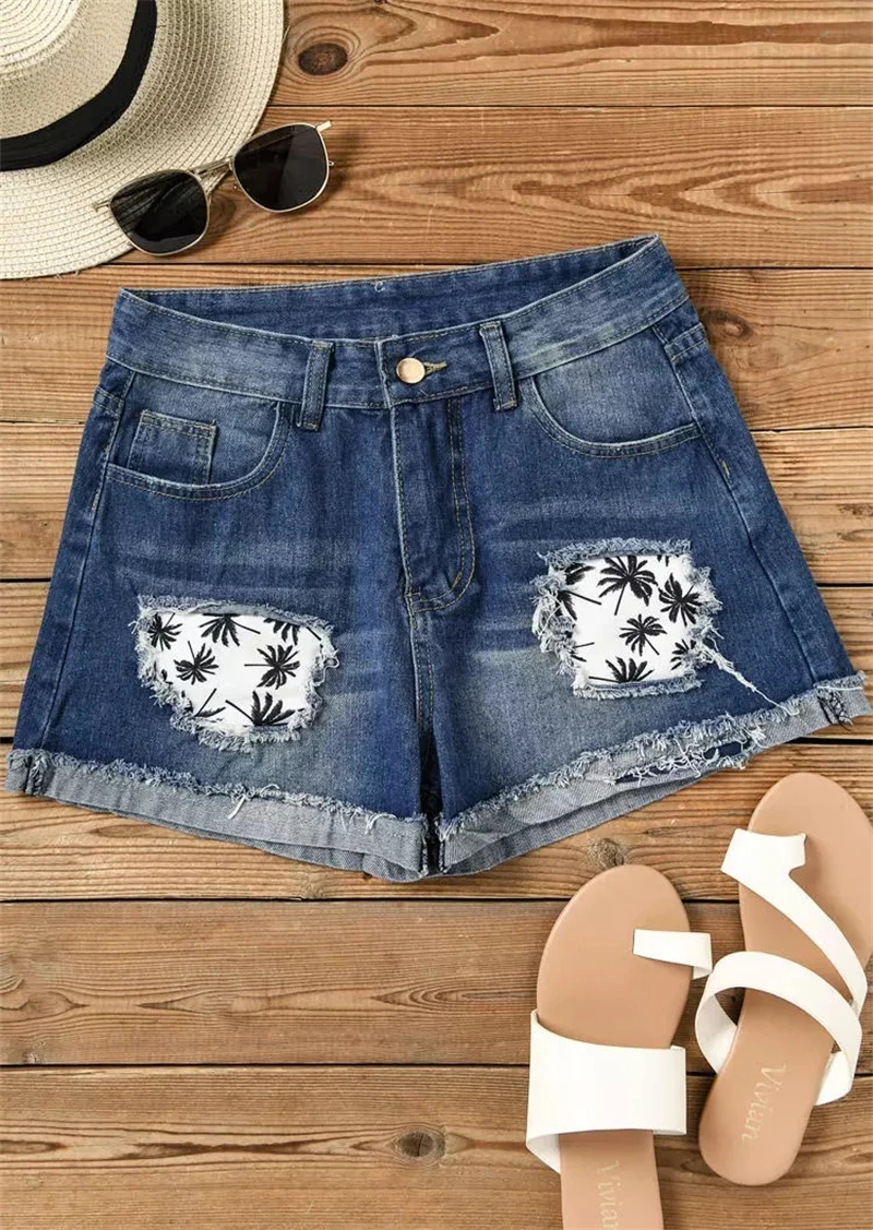 

Women Coconut Tree Button Pocket Ripped Denim Shorts Vintage Hole Summer Casual Pocket Short Jeans Ladies Hotpants Shorts 2023