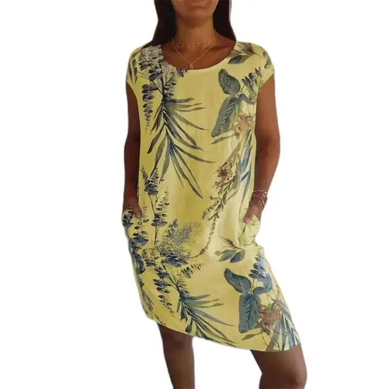 

Elegant Botanical Print Side Double Pockets Dresses Women O Neck Short Sleeve Dress Summer Comfortable Cotton Linen Female Gown