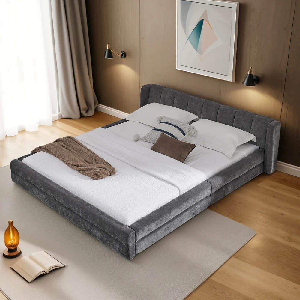 Einzelbett 90*200 cm, hautfreundlicher Chenille-Stoff, bequeme Rückenlehne, auch als Kinderbett geeignet, Beige (ohne Matratze) – Detail 24