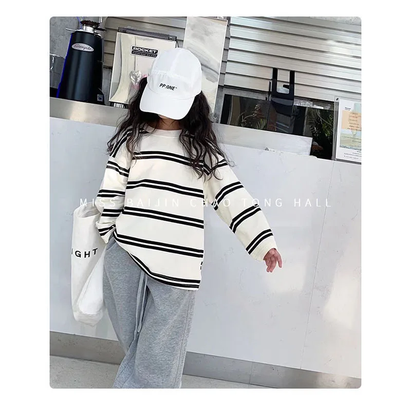 Neue Mädchen gestreifte Sets Kinder Rundhals ausschnitt Top Jogging hose 2 Stück Herbst Kinder Freizeit mode lose Anzug 5-14 Jahre alt – Detail 25
