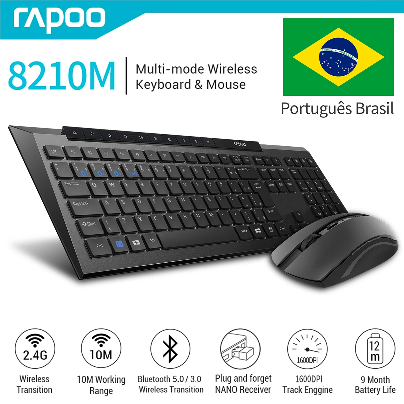 Rapoo-Kit clavier et souris sans fil Bluetooth 8210M, multimode, ABNT2, disposition portugaise et brésilienne, document noir avec limitation prédire