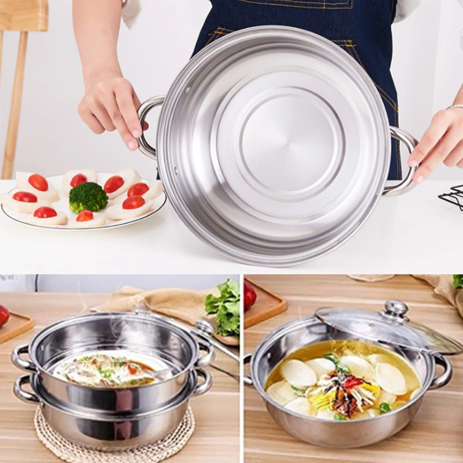 2-Layer Steel Pot Stainless Steel Cookware 27cm/11in 2-Layer Pot Cooker Double Boiler Soup Steaming