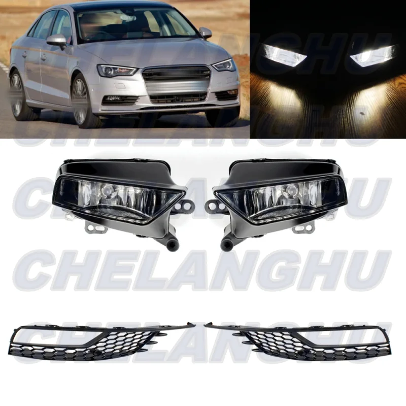 

For Audi A3 Sedan 2013 2014 2015 2016 2017 1 Set Front Halogen Fog Lights+Black Grille Cover Car accessories