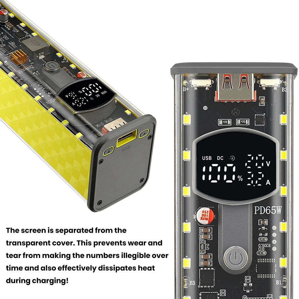 PD 65W Superschnelles Laden Transparentes Powerbank-Gehäuse Lötfreie 8-Zellen 18650 Batteriebox DC-Spannung Einstellbar – Detail 15