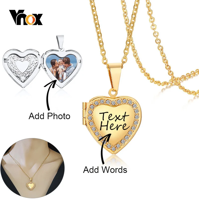 Vnox Personalize Engrave Name Heart Locket Necklaces for Women Custom Family Love Photos Images Anniversary Keepsake Gifts images