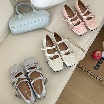 Summer Butterfly-knot Flat Mary Jane Women Comfort Soft Sole Ladies Elegnat Square Toe Dress Ballets Shoes 1