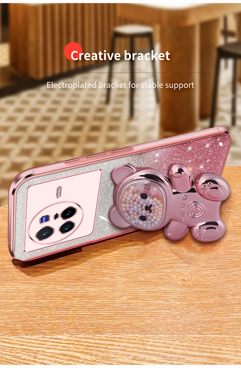 Coque de téléphone avec support à paillettes, ours mouvant, pour X 80, 60, 90, X60, X80, X21, X90, X23, X27, Vivo S7, S17, S16, S15, S12 pro_voghion.com