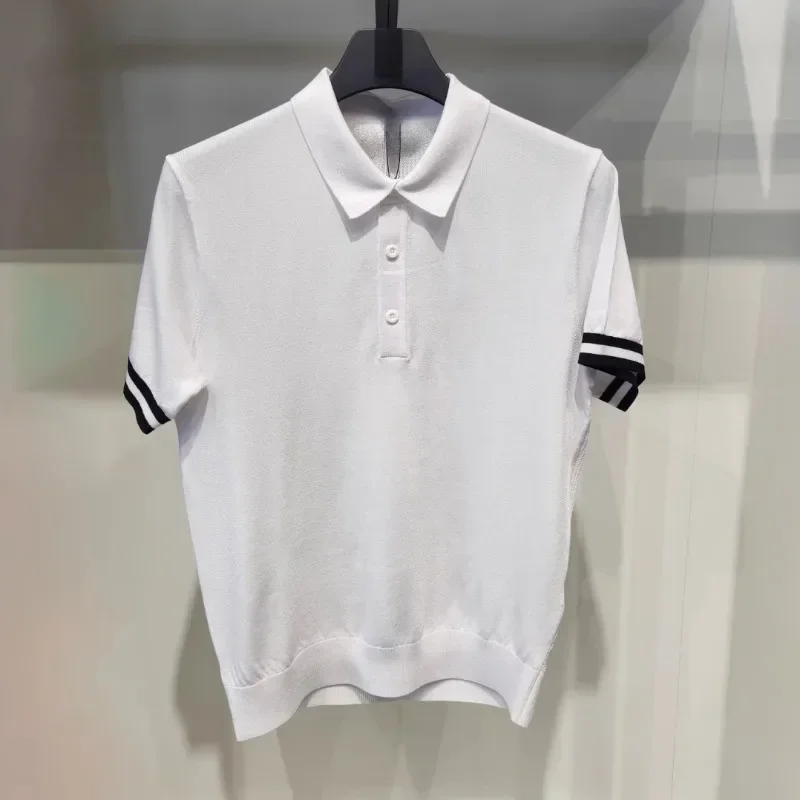 

Korean Golf Shirt Men Summer Word Mark Lapel Short Sleeve Knit Athleisure Golf T-shirt Top