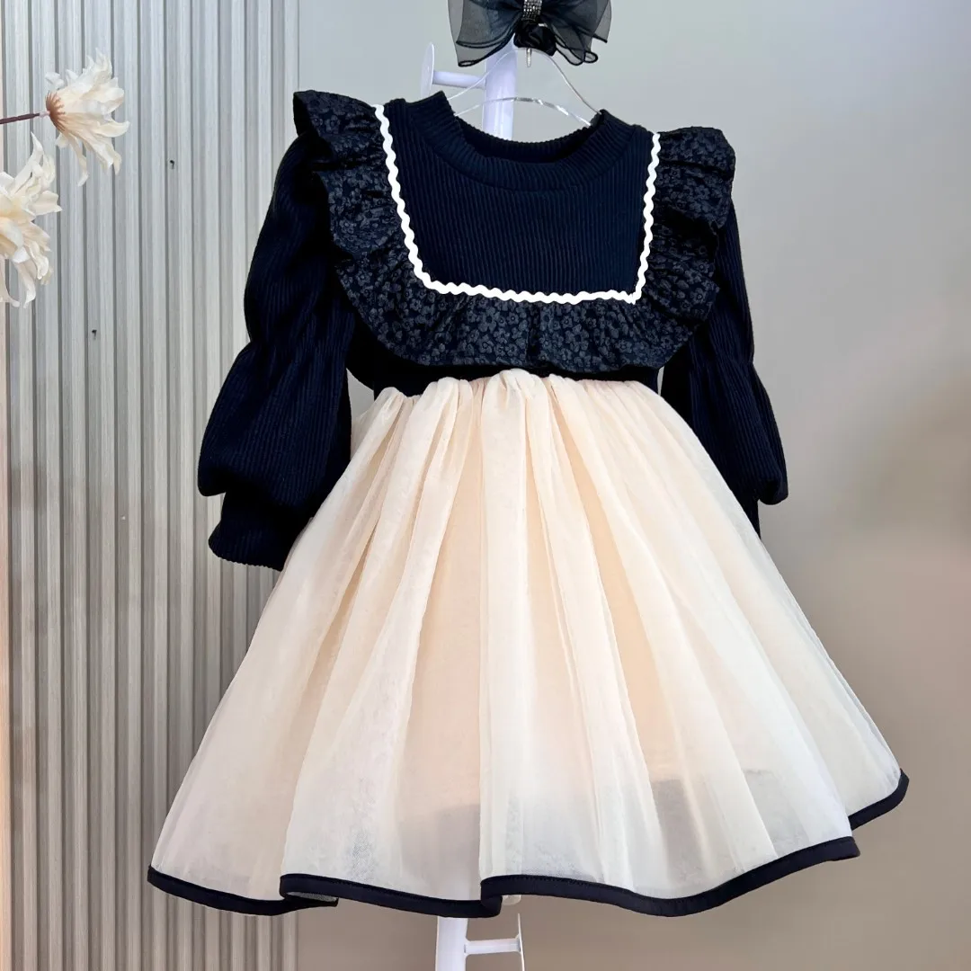 

Girls Casual Dresses New Winter Fluffy Yarn Princess Korean Plush Mesh Yarn Round Collar Long Sleeve Childrens Clothing