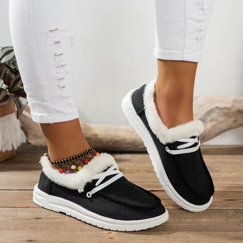 

Winter Shoes for Women Fleece Ladies Flats Warm Solid Color Cotton Shoe Round Toe Ankle Boots Short Plush Zapatos Para Mujeres