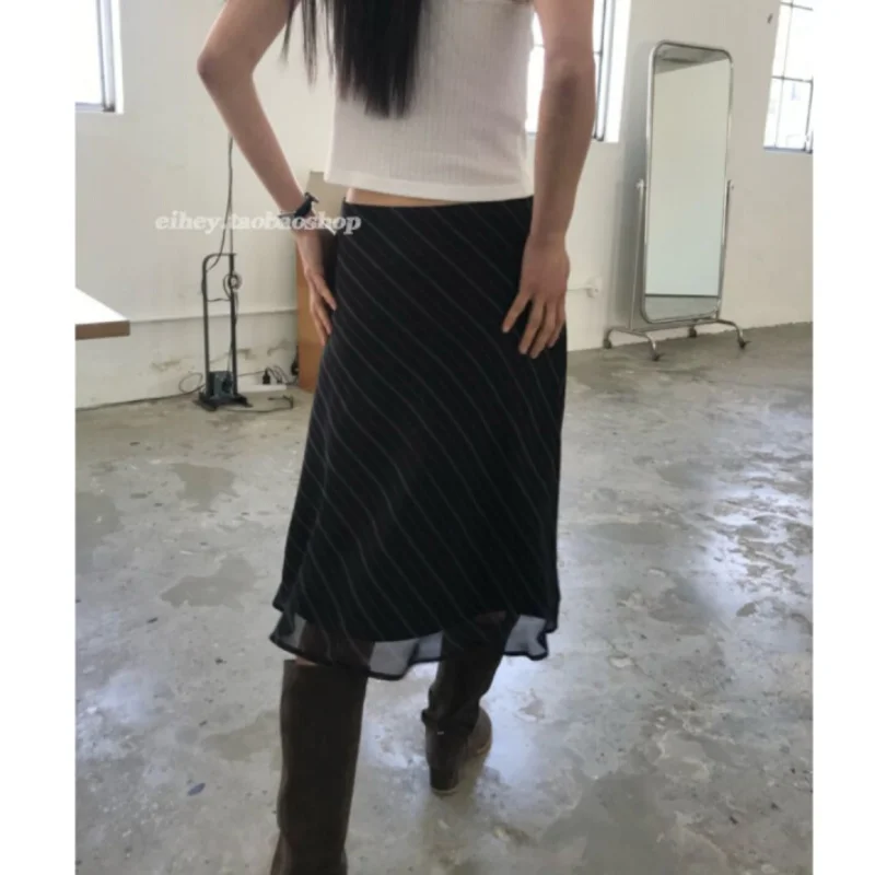 

2023 Summer Vintage Korean Retro High Street Low Waist strip skirt Streetwear Fashion skirt