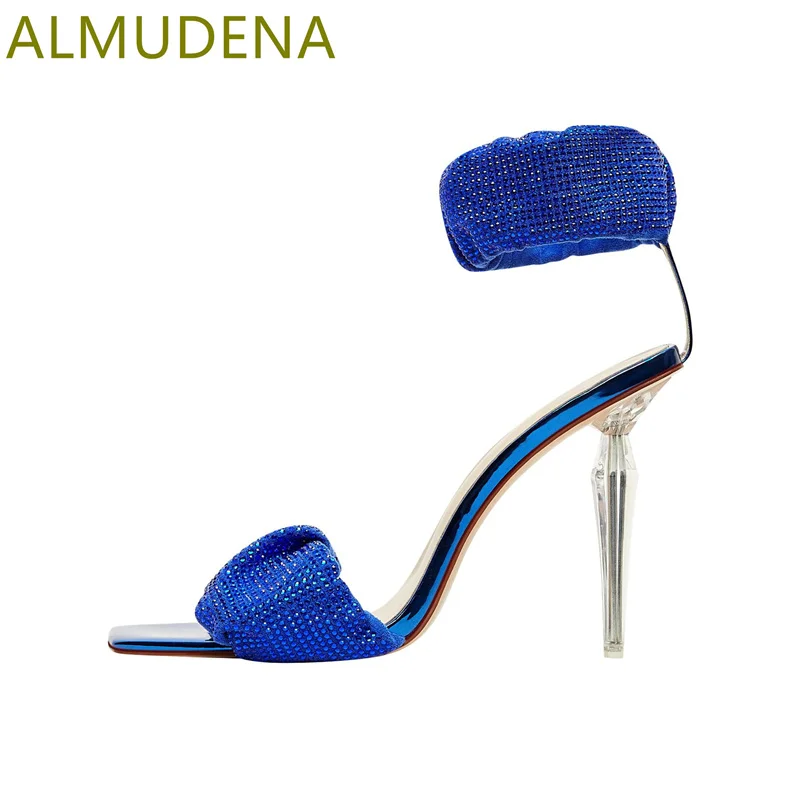 

Fashion Square Toe Thin Heels Rhinestones Ankle Strap Women Sandals Super High Heels Slip On Transparent Heels Bling Modern Shoe