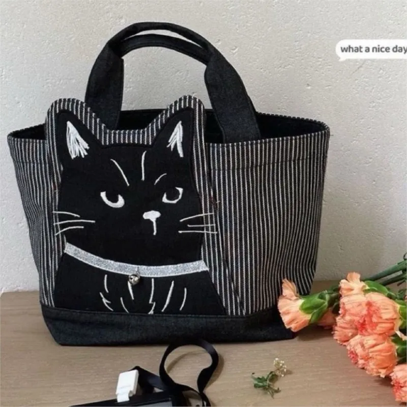 JIAERDI Japanese Embroidered Cartoon Black Cat Handbag Women Cute Stripe Large Capacity Shoulder Bag Ladies Casual Tote Bag 2025