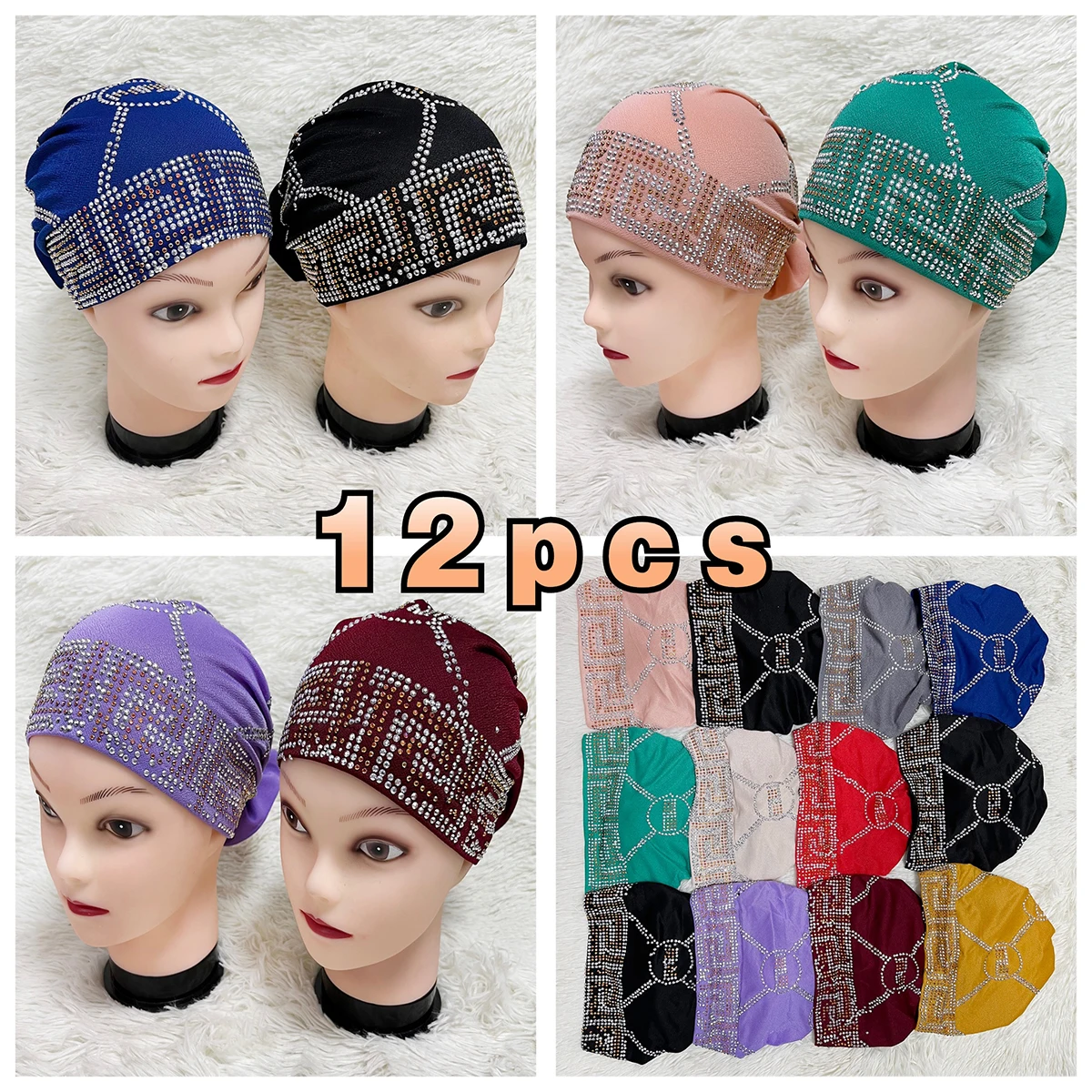 

Wholesale 6/12 Piece Best Selling Flannel Hat Women's Cap Forehead Cross Muslim Base Scarf Indian National Style Pearl Headdress