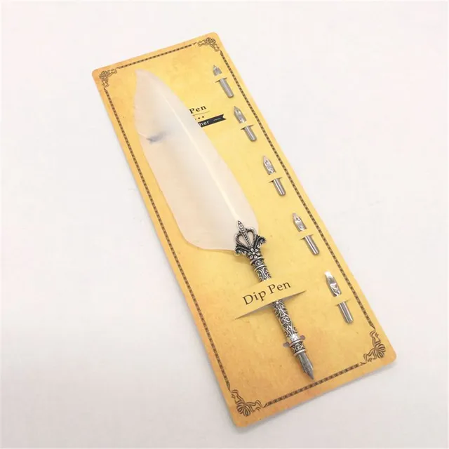 1 Set Feather Fountain Pen Calligraphy Pen Quill Oblique Fountain Luxury Pen Ink +5pcs Nib Metal for Fancy Font Office Supplies White