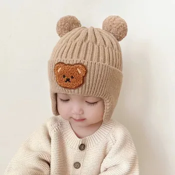 Baby Wool Hat Cute Bear Ear Protection Hat Children Winter Thickened Warm Knitted Korean Version Of The Baby Hat 1