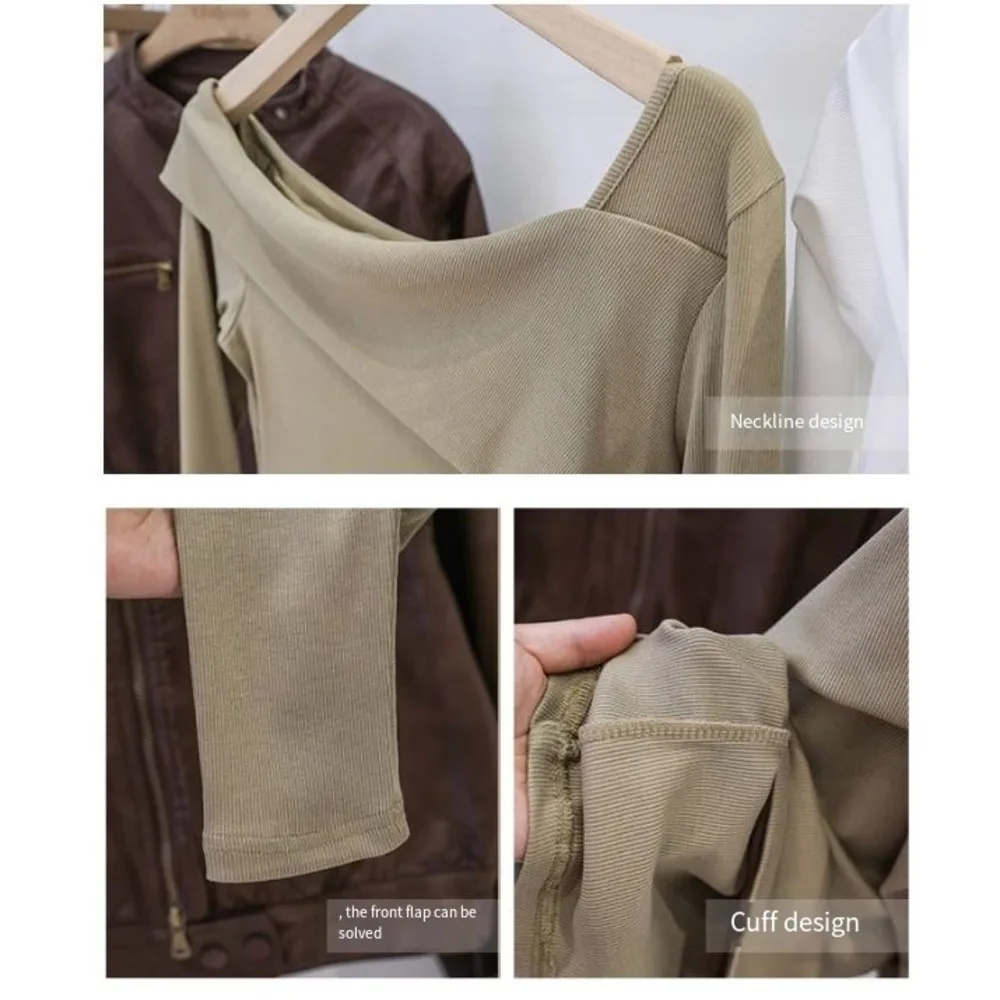 T-shirt a maniche lunghe con colletto obliquo irregolare da donna in autunno, puro desiderio di stile e vestibilità attillata. Top unico con_voghion.com