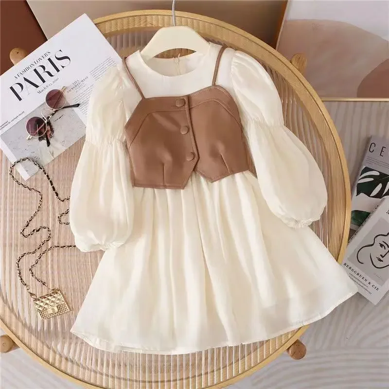 Girls Dress Spring Autumn Baby Suits Girl Vest + Long Sleeve Dresses 2piece Kids Cute Princess Dress Children Chiffon Vestido 2 to 10T