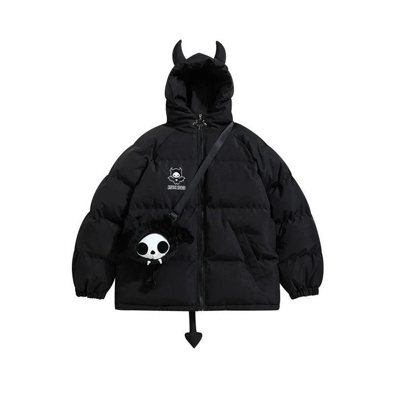 Women Black Gothic Thicken Parkas Jacket Hip Hop Devil Horns Wing Couple Hooded Padded Jacket Streetwear Emo Coat Winter Clothes 2