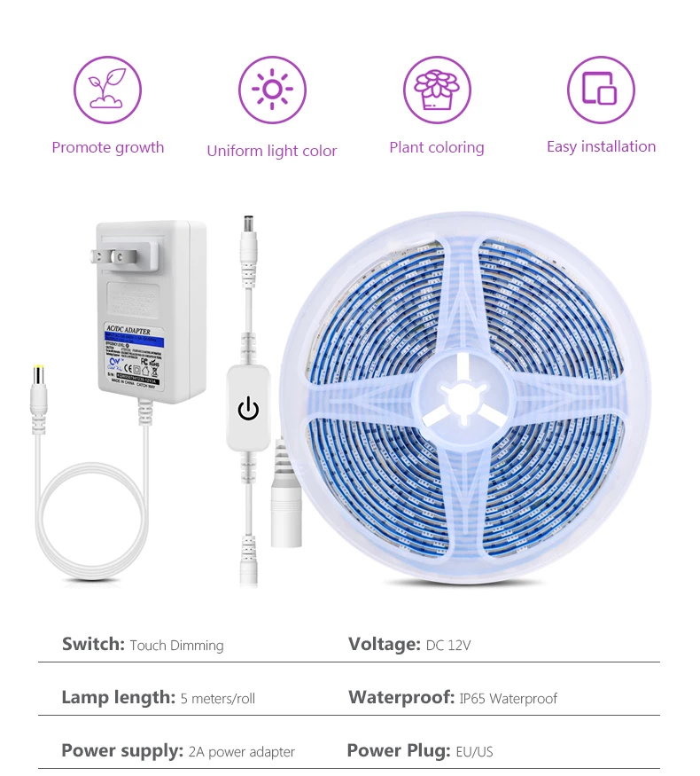 Description Picture 3 of item5M Led Plant Growing Light Full Spectrum Hydroponic Grow Lamps Touch Sensor Dimmable Switch Indoor Plants Seeds Phyto Lamp Strip