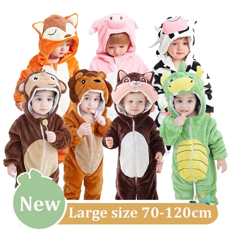 

Baby Rompers Winter Costume Flannel Hooded Jumpsuits Baby Clothes 70-120cm Kids Jumper Overall Tiger Lion Rabbit Duck Roupa Bebe