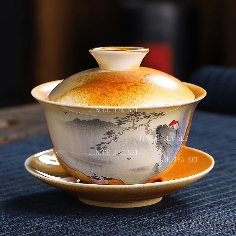 140ml Hand Drawn Three Talent Bowl Lid Ceramic Landscape Chinese Style Tea Bowl Chinese Household Underglaze Colored Tea Bowl