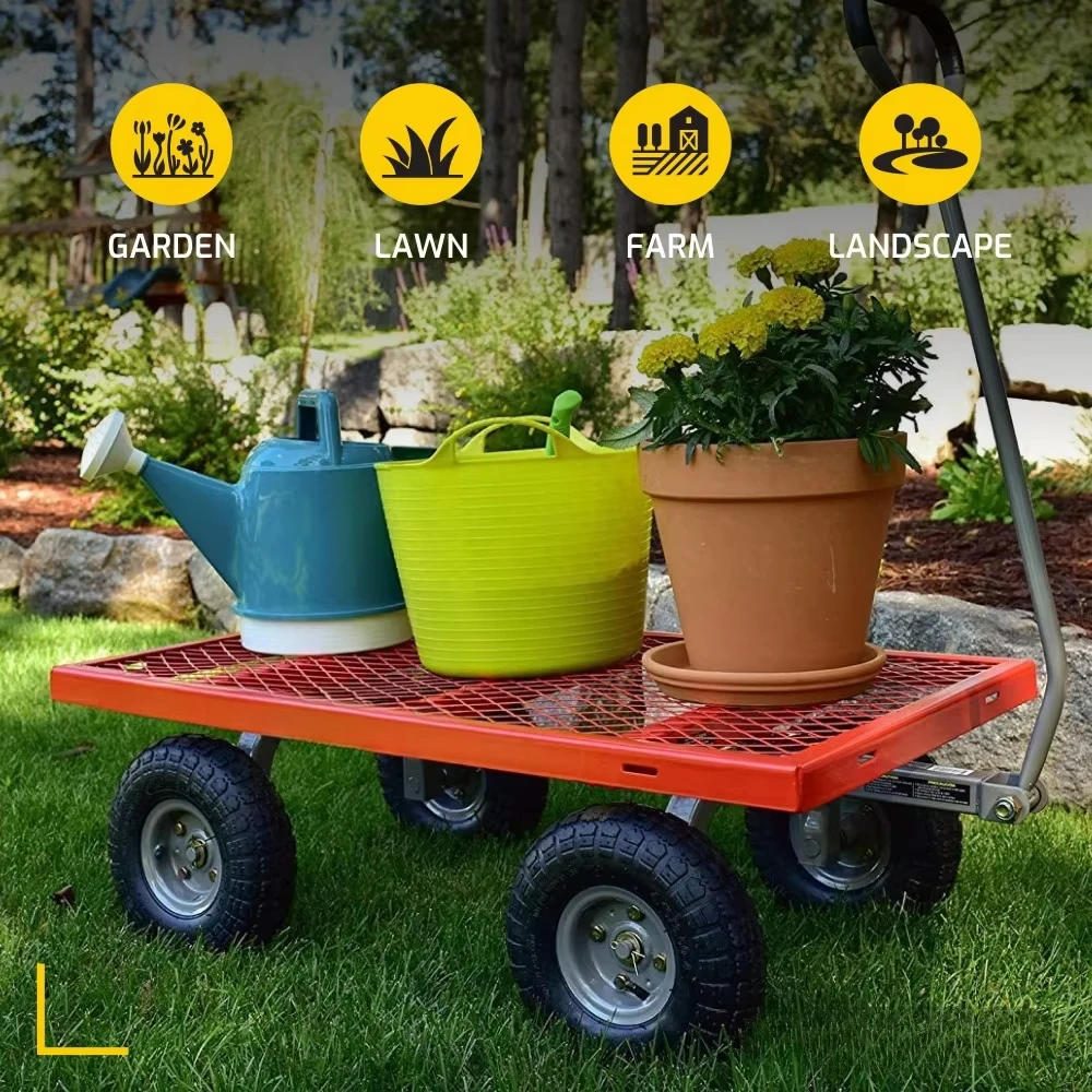 800 Pound Capacity Steel Utility Cart, Flatbed Gardening Cart, Outdoor Yard Wagon with Tow Handle and Removable Sides, Red