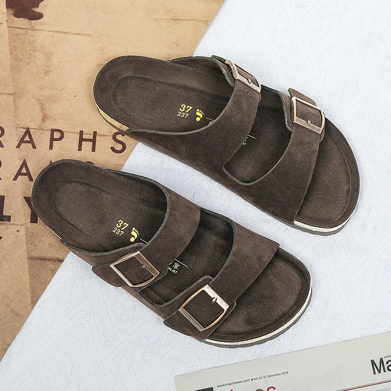 Comfort Beach Vacation Men's Cork Slippers Summer Casual Double Buckle Home Non-slip Slides Slip on Flip Flop Unisex Style Shoes