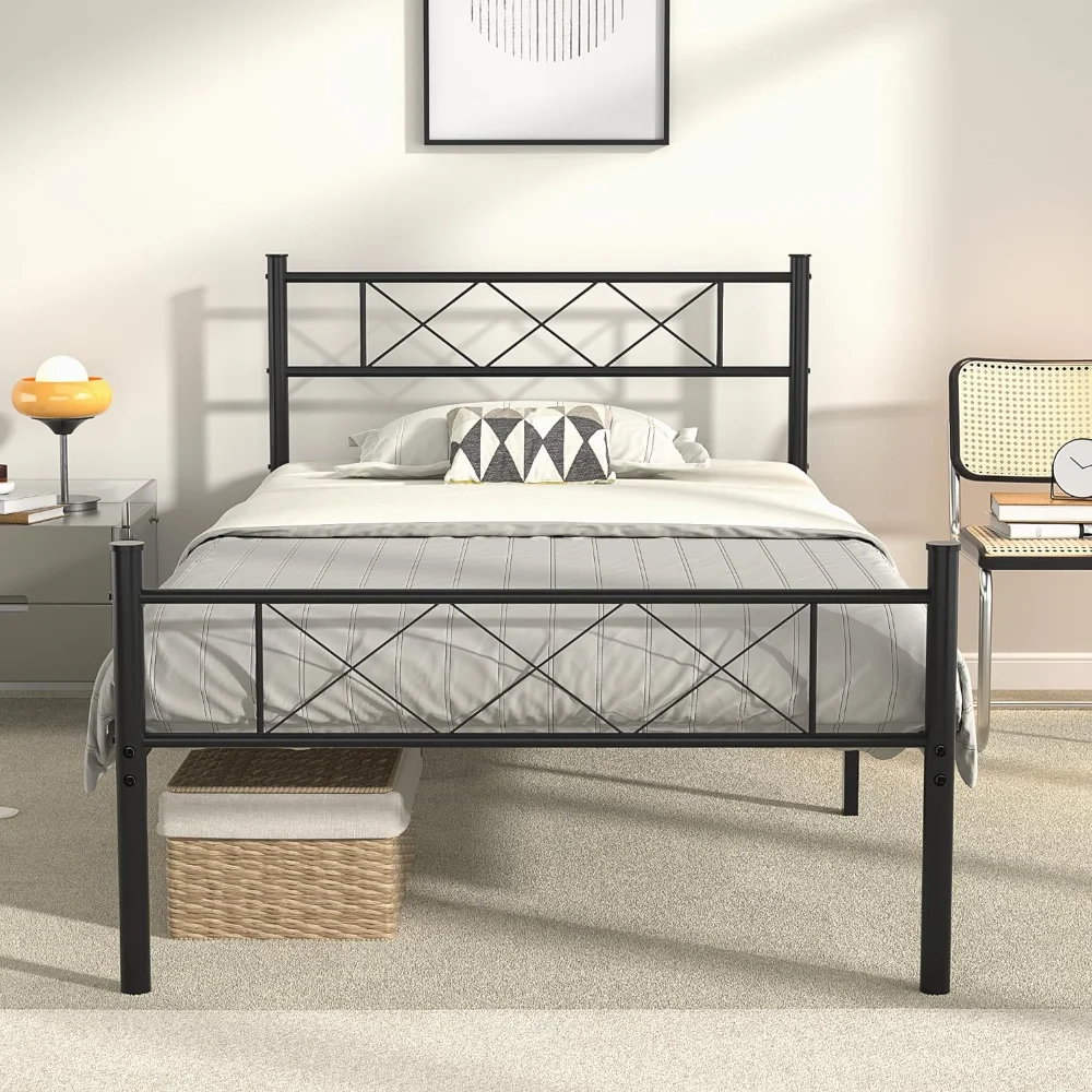 

VECELO Twin Size Bed Frame with Headboard, Heavy-Duty Platform/Mattress Foundation with Metal Slats Support, No Box Spring