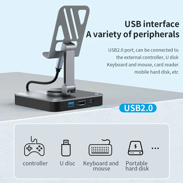 USB C HUB 3 in 1 Type C 2.0 to HDMI 4K60Hz Docking Station USB C Hub with Rotatable Cellphone Stand for Switch, Phone, Laptop 4
