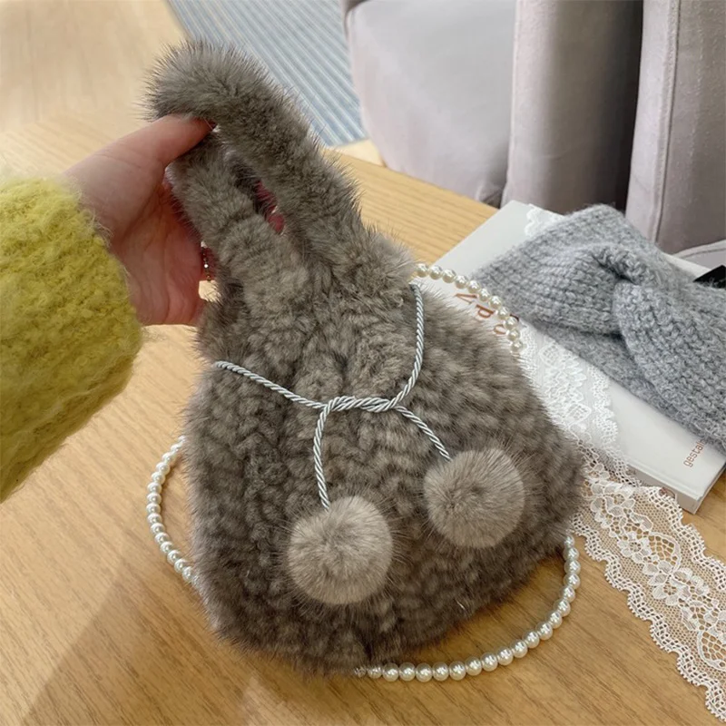 High Quality Natural Luxury Mink Women's Round Bucket Bag Large Capacity Crossbody Bag Stylish Women's Charm Leather Handbag