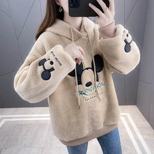 디즈니 미키 마우스 프린트 스웻셔츠, 두꺼운 플러시 안감, 루즈한 한국 패션, 올매치 오버사이즈 카와이 후드티 4