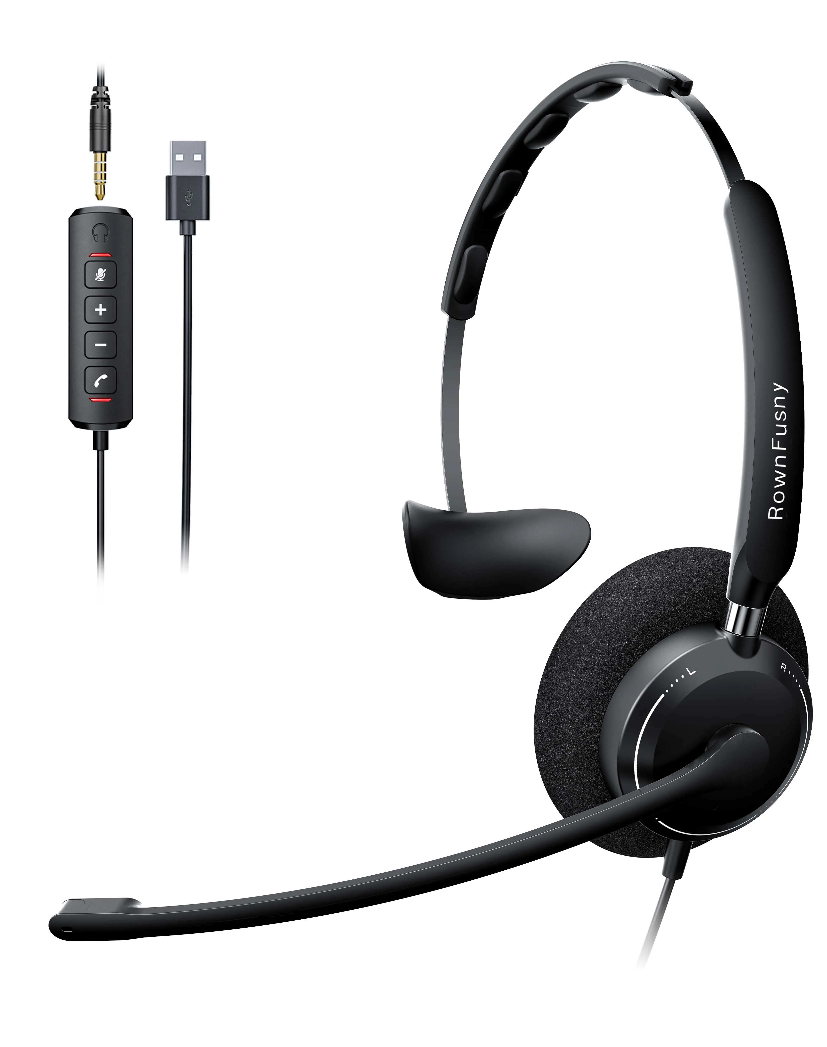 RownFusny R06 Headset mit Anrufannahmknopf, Computer-Headsets für PC, kabelgebundener USB-Kopfhörer mit Rauschunterdrückungsmikrofon – Detail 8