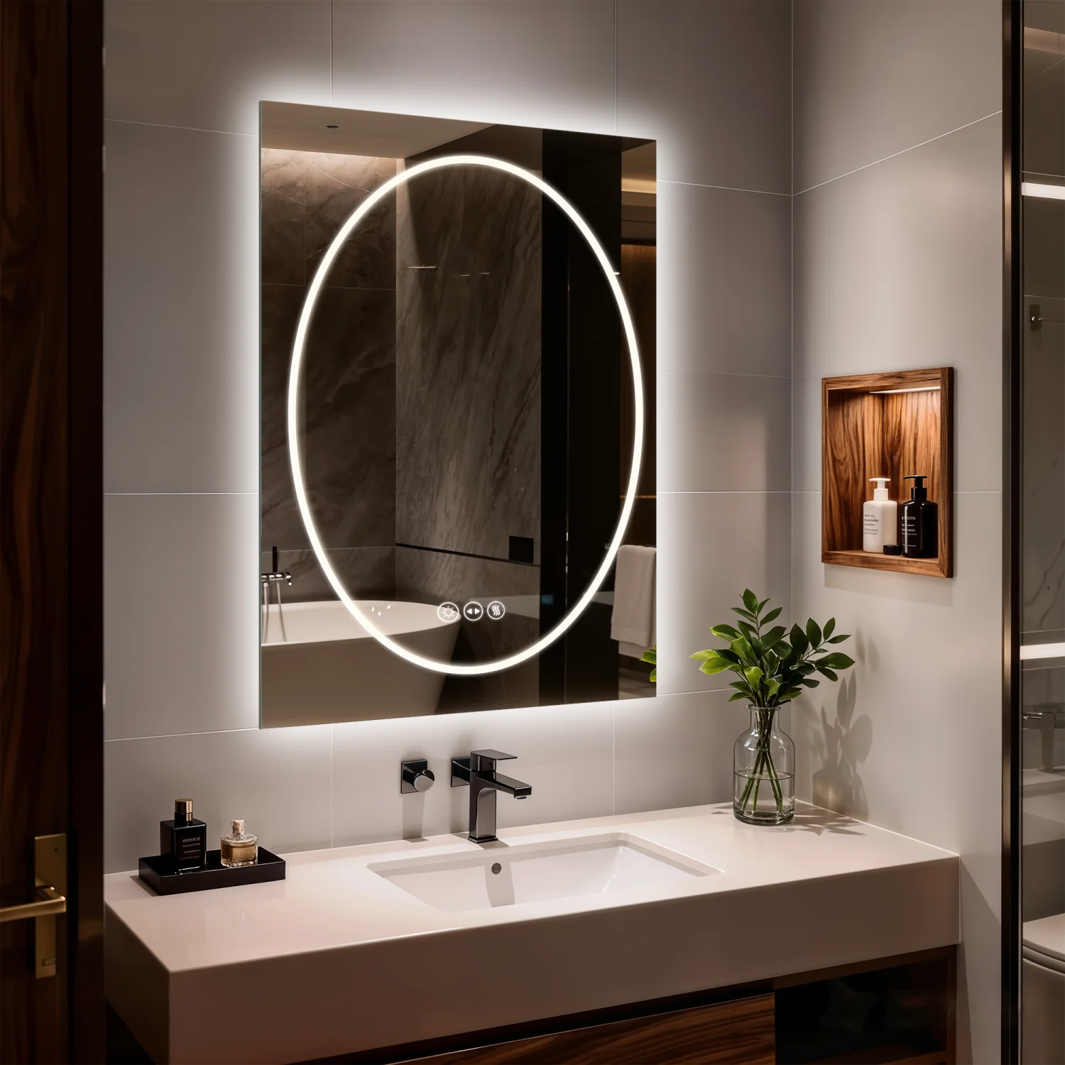 70/80/90CM Double LED Lighted Bathroom Mirror Square-round Tempered Glass Frontlit and Backlit Antifog Vanity Mirror