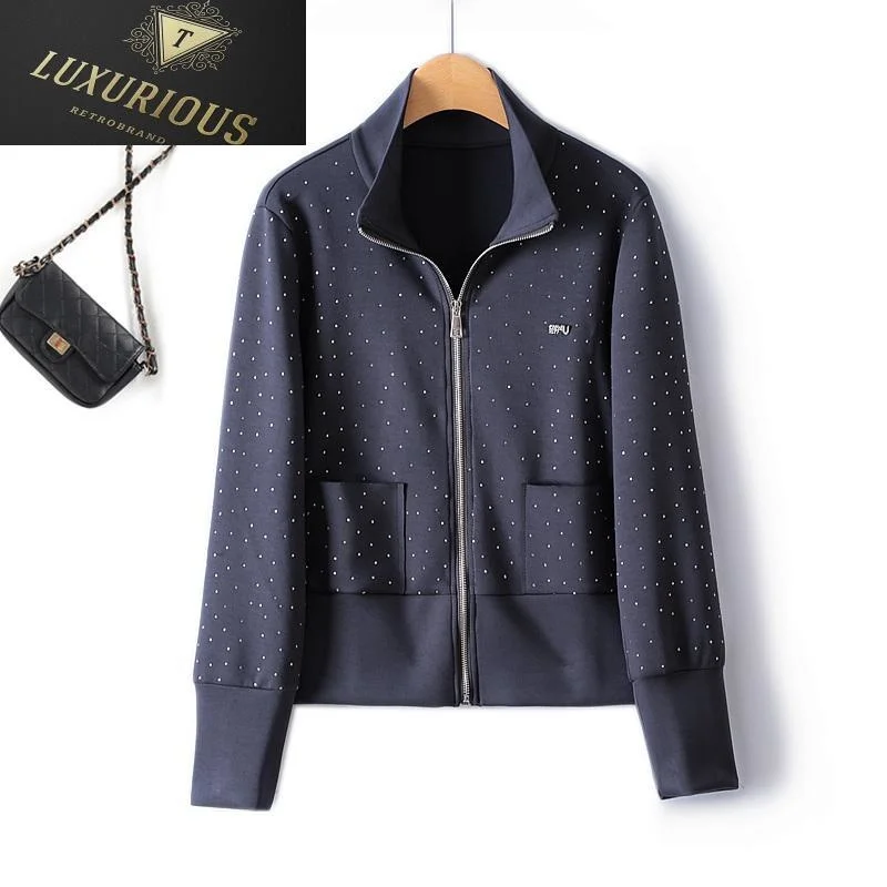 

French Style Elegant Hot Diamond Zipper Short Jacket Women 2023 Autumn Turn Down Collar Air Cotton Solid New In Outerwear 4XL