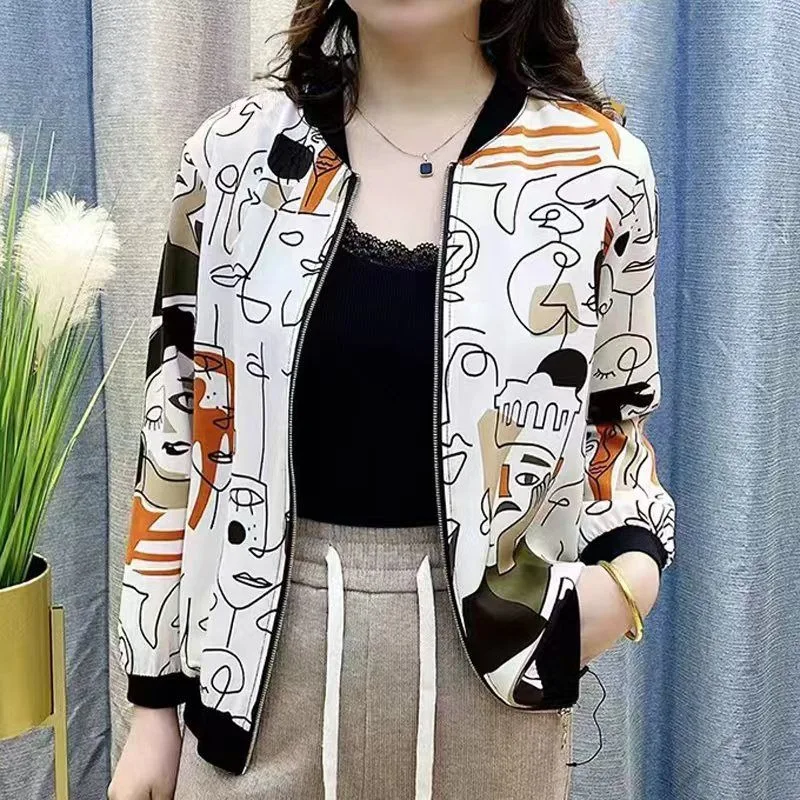 Zipper Sweatshirt Long Sleeve Jacket Summer Sunscreen Clothing Floral Print Thin Short Coat Baseball Lady Leisure Cardigan Tops