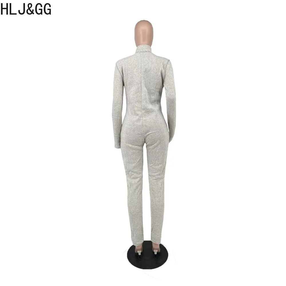HLJ&GG Autumn Casual Zipper Sporty Jumpsuits Women V Neck Long Sleeve Bodycon Playsuits Female Solid Sporty Skinny Pants Overall