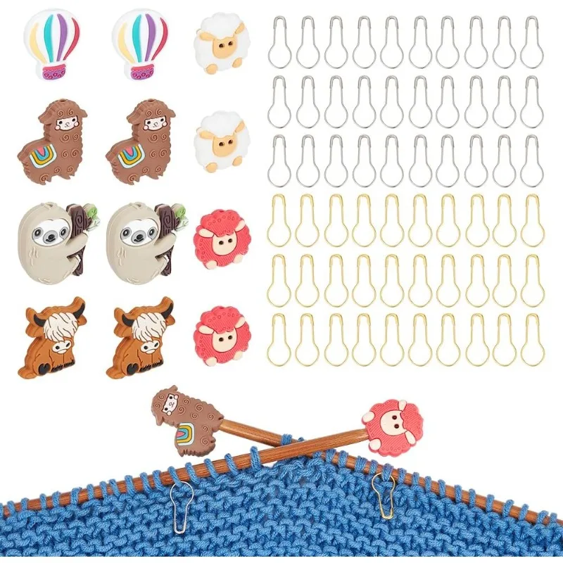 12 Pcs Animal Knitting Needle Stoppers with 60 Pcs Safety Pins Sheep/Hot Air Balloon/Sloth/Alpaca Needle Point Protectors Pear