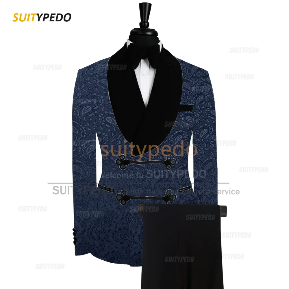 

Classic Men Suit Sets Evening Dinner Tailor-made Slim Fit Velvet Shawl Lapel Outfits Fashion Chinese knot Buttons Blazer Pants