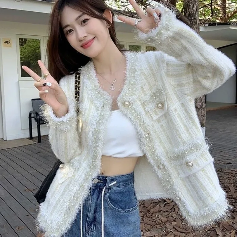 2024 New Fashion Tassel Small Fragrant Wind Jacket Women Elegance Sense of Design Pearl Outwear Female Casual Knitted Cardigan