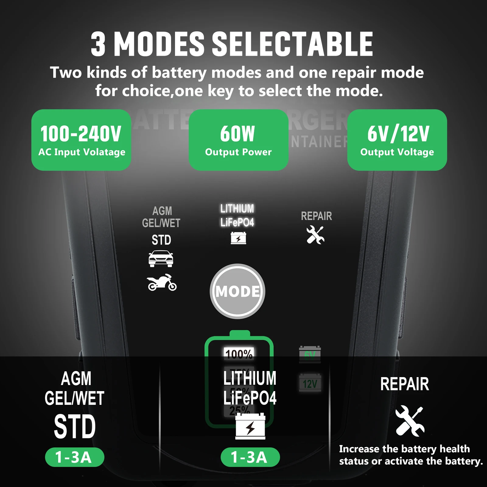 Connectique du chargeur de batterie intelligent 12V 6A avec pinces et câble de charge