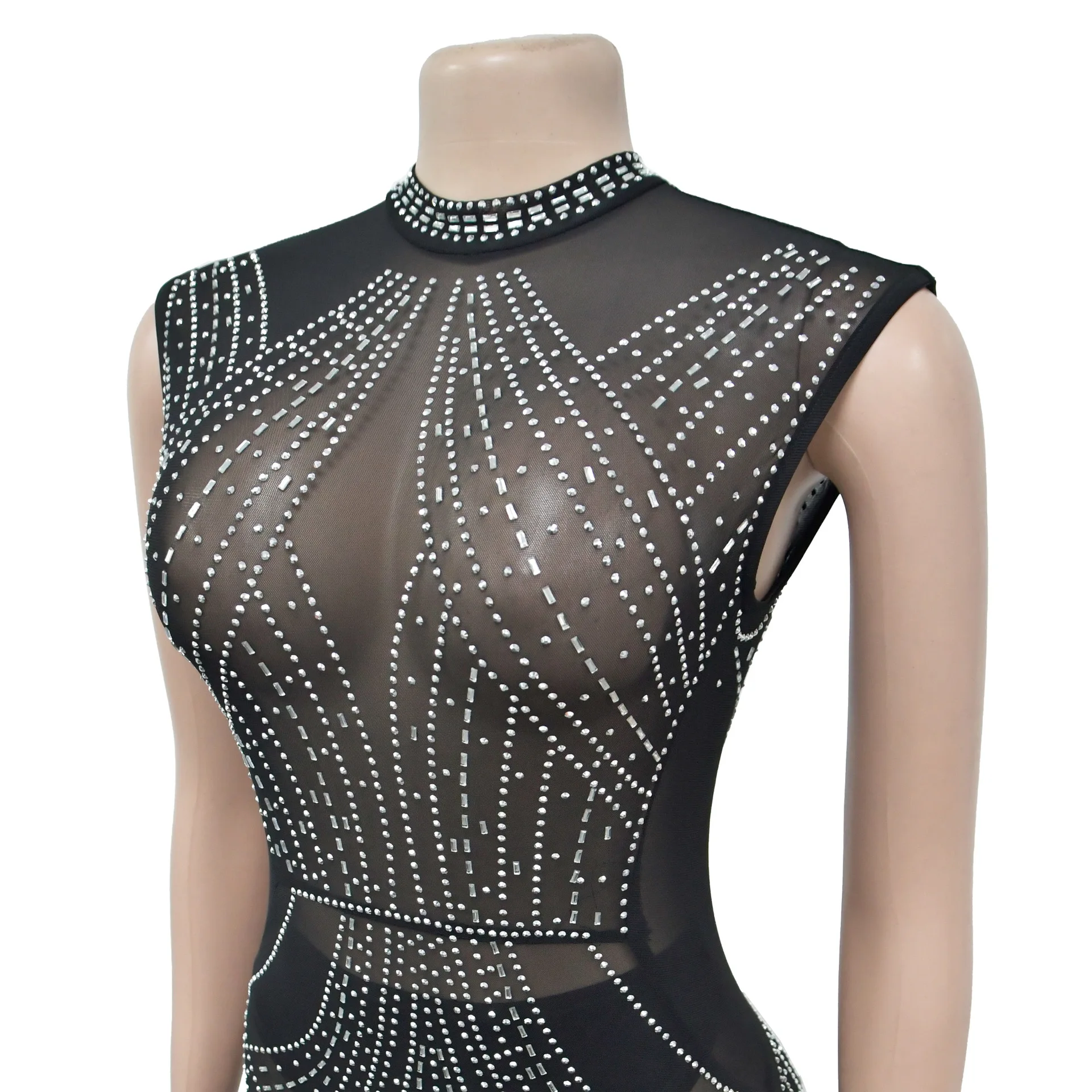 Luxury party rhinestone Sparkly Black JumpsuitsShining Pearls Women Bodysuits One PiecePerformance Costume Nightclub Stage Wear