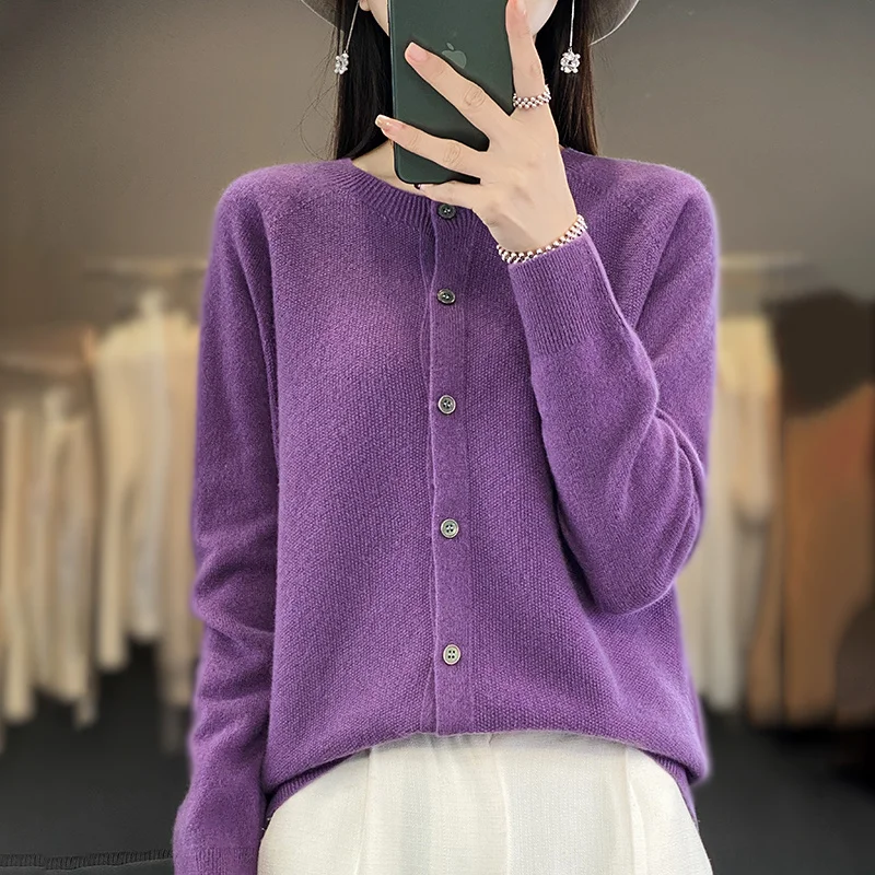Long-sleeved women's sweater cashmere knitted 100% pure merino wool O-neck cardigan sweater coat in autumn and winter 5