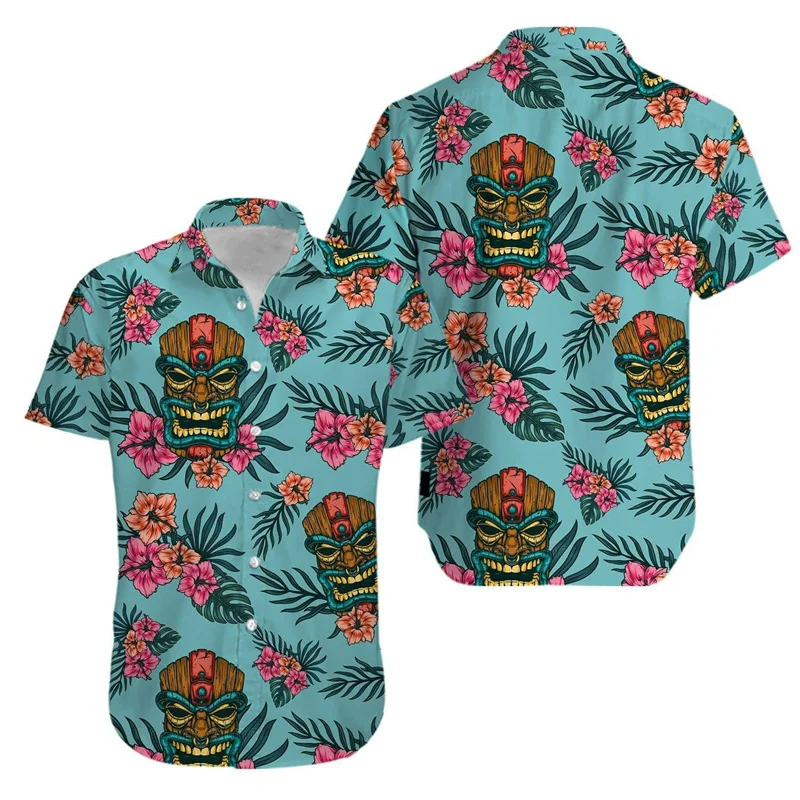 thumbnail image 1 of Camisas retro Tiki Aloha para hombre, blusa con botones y solapa hawaiana de manga corta con estampado 3D de estilo tropical para playa, 1 of 4