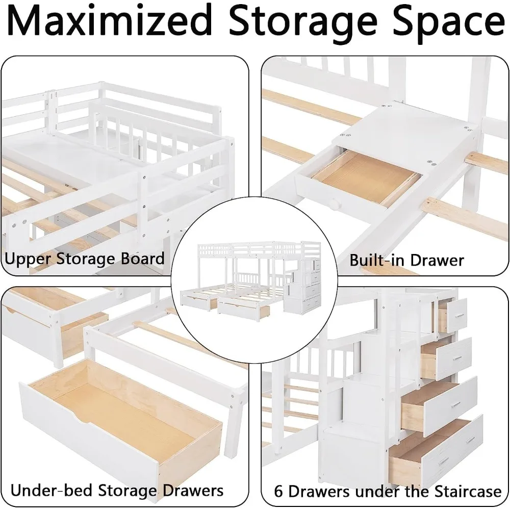 Triple Bunk Beds with Drawers, Wood Full Over Twin & Twin Bunk Bed with Storage Staircase, Triple Bed for Kids,3 Bed Bunk Beds 3