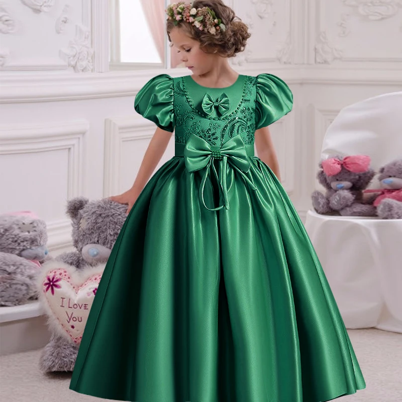 Girls' Satin Formal Wedding Beaded Bubble Sleeve Spinning Long Dress Princess Prom Party Evening Dress 3-10T