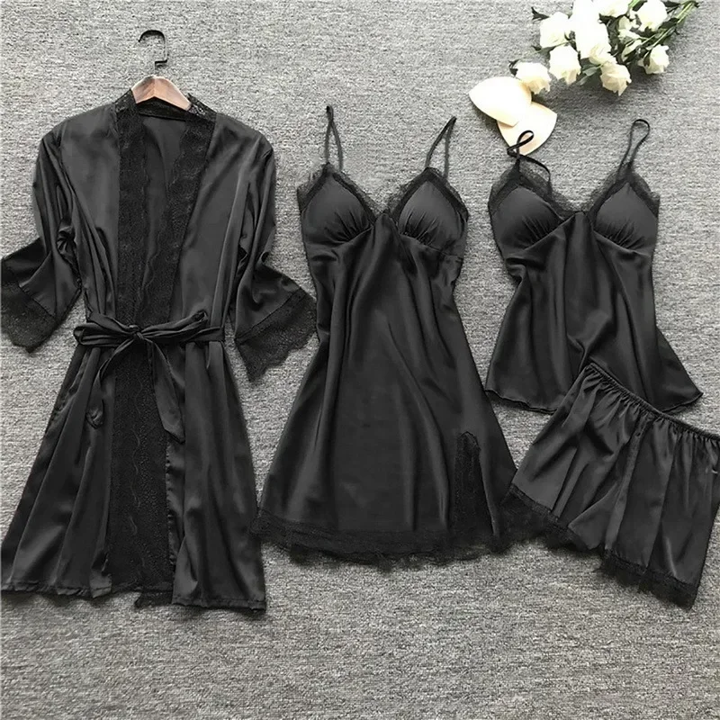 2024 New Women Pajamas Sets Satin Sleepwear Silk 4 Pieces Nightwear Pyjama Strap Lace Sleep Lounge Pajama with Chest Pads Drop
