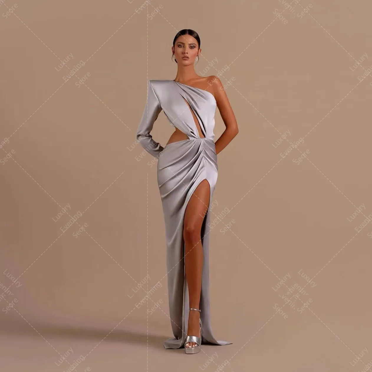 

Modern Sexy Cut Out Evening Dresses Mermaid For Woman Strapless One Shoulder Sexy Side High Split Satin Formal Party Prom Gowns
